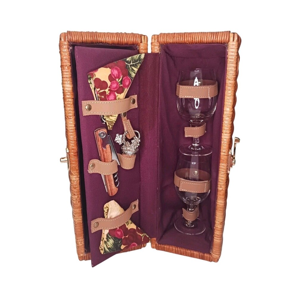 Vtg Wicker Picnic Time Barrel Basket Wine Bottle Tote Carrying Case Strap & More
